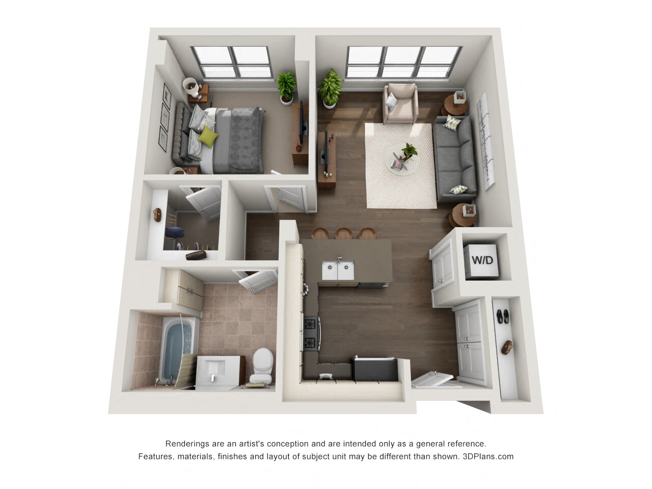 Floor plan for 1 bed, 1 bath, 708 sqft